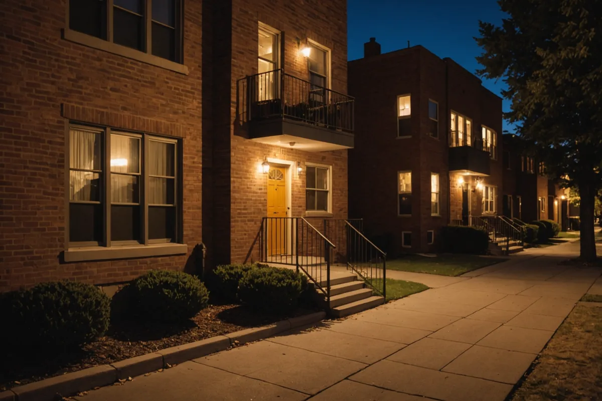 Denver brick rental property exterior at night with warm window light glowing from occupied units