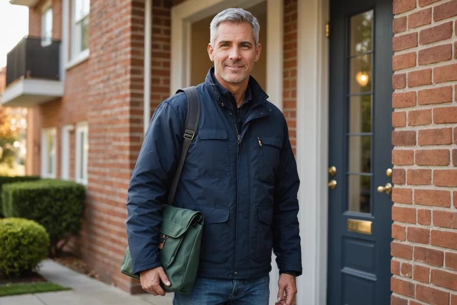 A maintenance worker in work clothes arriving at a residential front door for a repair job
